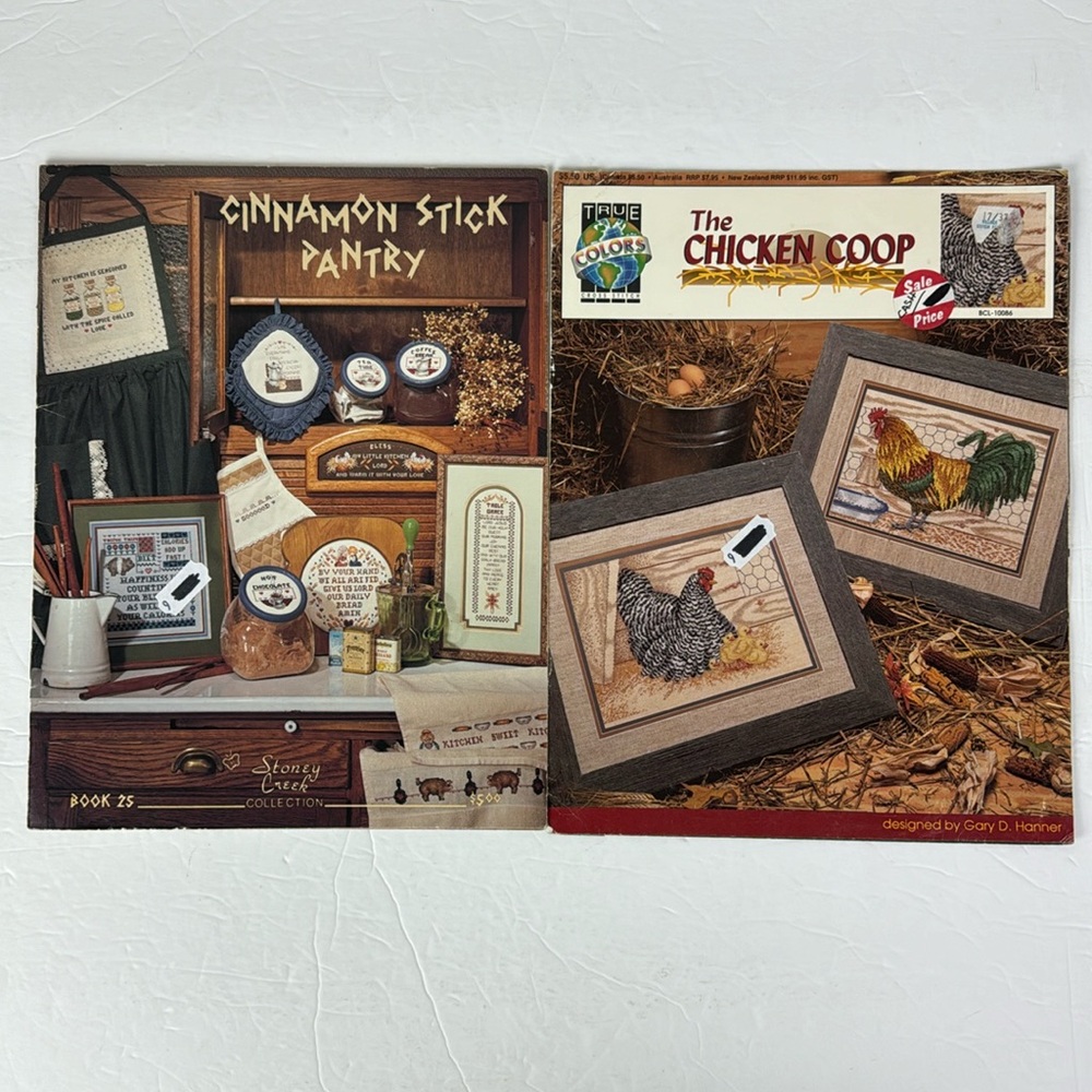 (2) Vtg Cross Stitch Pattern Booklets Country Farmhouse Chickens Cottage